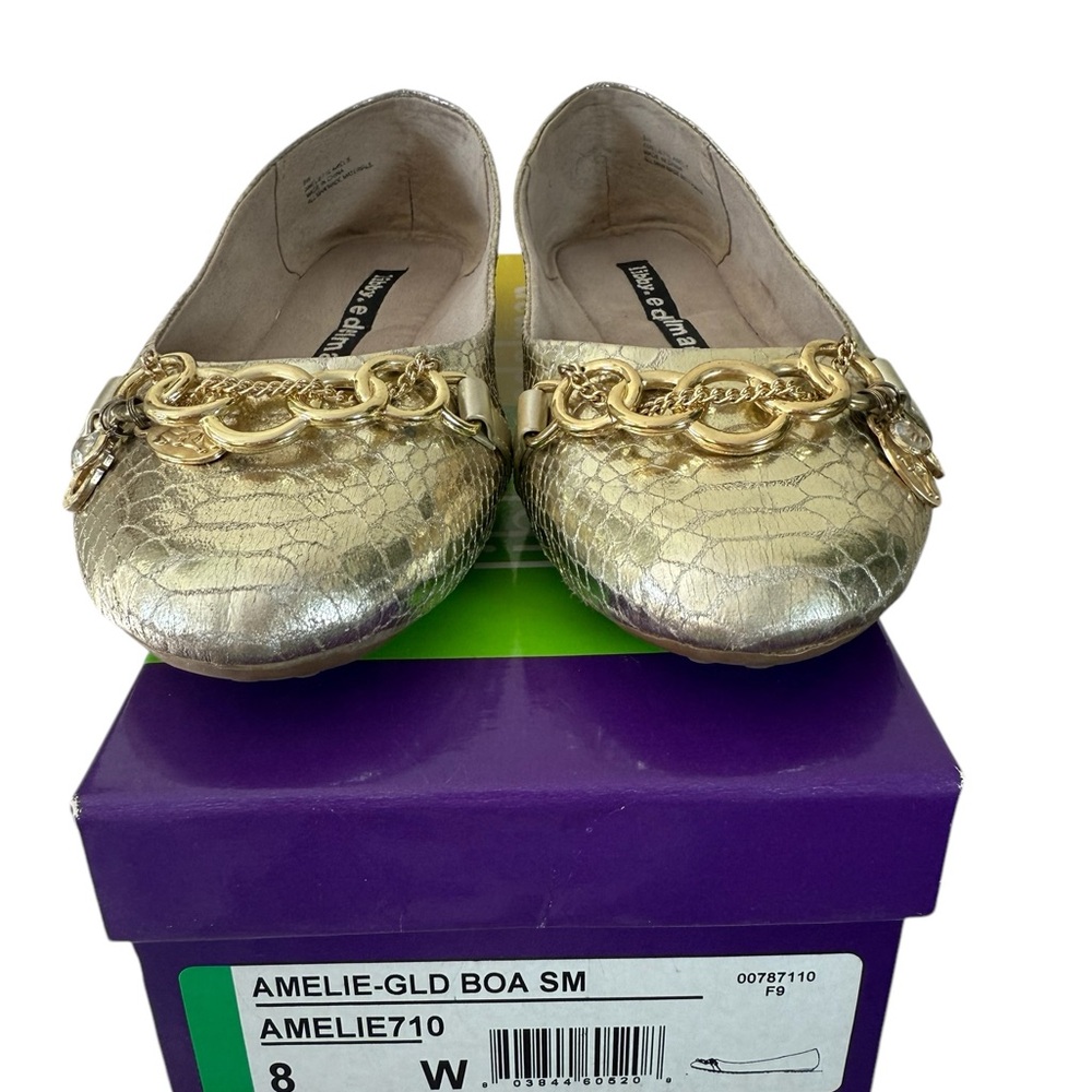 Like NEW! libby edelman Amelie Metallic Gold Boa Ballet Flats w/ Chains/Charms
